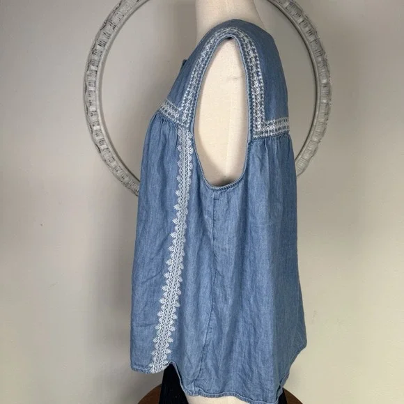 J. Jill Denim Embroidered Floral Chambray Denim Sleeveless Shirt Tank Top XL - Picture 4 of 12
